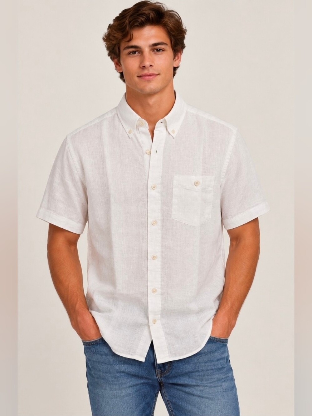 Original Weatherproof Men's White Linen Blend Short-Sleeve Button-Down Shirt